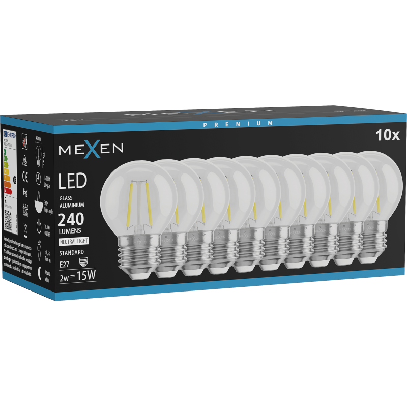 Mexen Vintis 10x LED gijų lemputė E27, G45, 2W, Neutralus - 4000K, 240 lm, skaidrus - L156-E14-0227-00x10