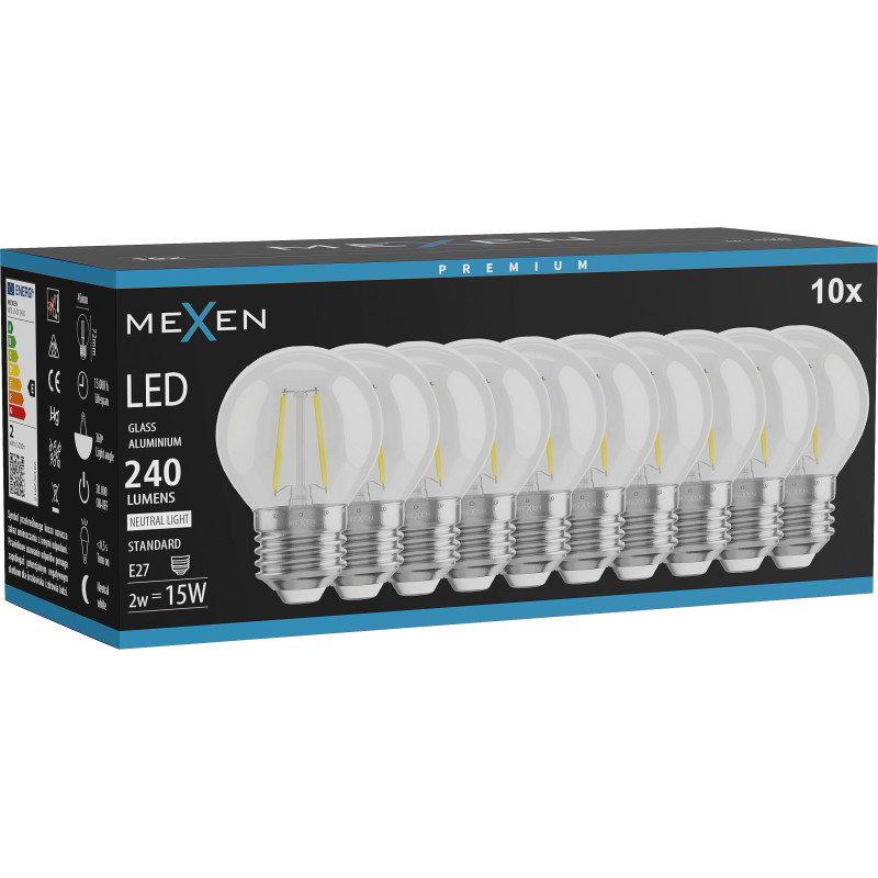 Mexen Vintis 10x LED kaitrinė lemputė E27, G45, 2W, Neutralus - 4000K, 240 lm, skaidrus - L156-E27-0227-00x10