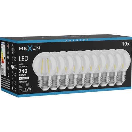 Mexen Vintis 10x LED kaitrinė lemputė E27, G45, 2W, Neutralus - 4000K, 240 lm, skaidrus - L156-E27-0227-00x10