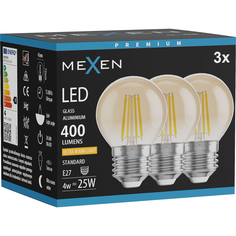 Mexen Vintis 3x LED siūlų lemputė E27, G45, 4W, Šiltai balta - 2200K, 400 lm, gintarinė - L156-E27-0422-50x03