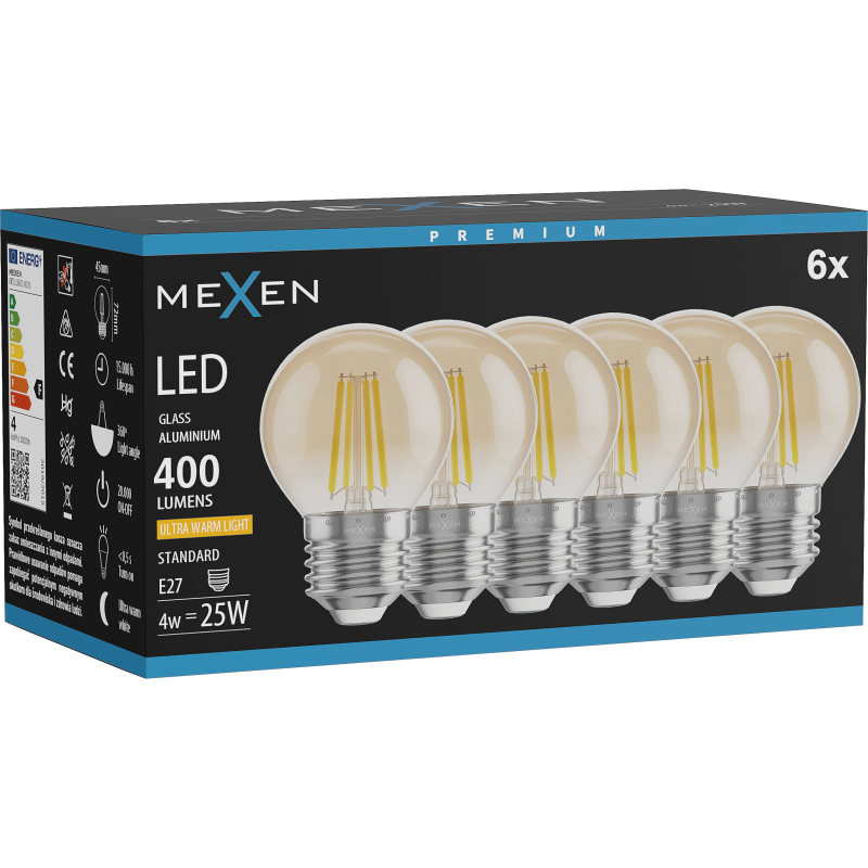 Mexen Vintis 6x LED gijų lemputė E27, G45, 4W, Šilta - 2200K, 400 lm, gintaras - L156-E27-0422-50x06