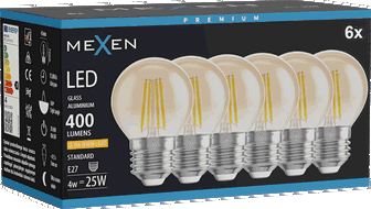 Mexen Vintis 6x LED gijų lemputė E27, G45, 4W, Šilta - 2200K, 400 lm, gintaras - L156-E27-0422-50x06