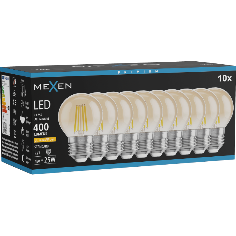Mexen Vintis 10x LED siūlų lemputė E27, G45, 4W, Šilta - 2200K, 400 lm, gintaro - L156-E27-0422-50x10