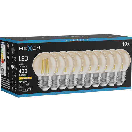 Mexen Vintis 10x LED siūlų lemputė E27, G45, 4W, Šilta - 2200K, 400 lm, gintaro - L156-E27-0422-50x10