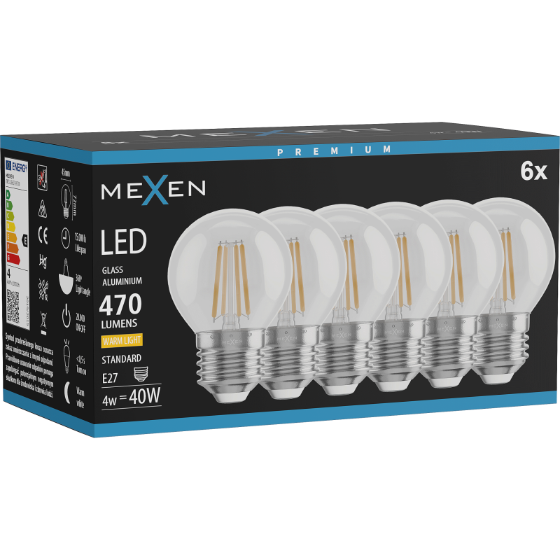 Mexen Vintis 6x LED Gijų Lemputė E27, G45, 4W, Šilta - 2700K, 470 lm, skaidri - L156-E27-0427-00x06