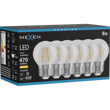 Mexen Vintis 6x LED Gijų Lemputė E27, G45, 4W, Šilta - 2700K, 470 lm, skaidri - L156-E27-0427-00x06