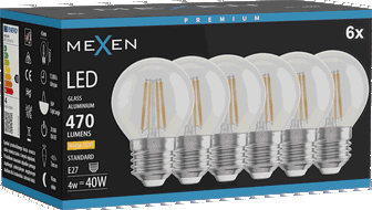 Mexen Vintis 6x LED Gijų Lemputė E27, G45, 4W, Šilta - 2700K, 470 lm, skaidri - L156-E27-0427-00x06