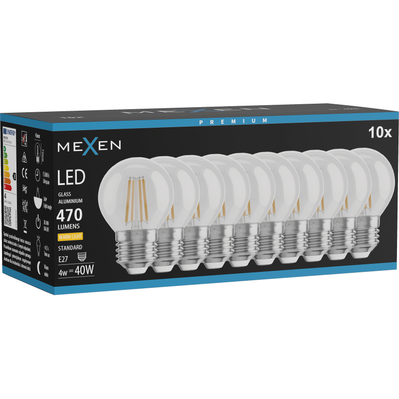 Mexen Vintis 10x kaitinamosios LED lemputės E27, G45, 4W, Šilta - 2700K, 470 lm, skaidri - L156-E27-0427-00x10