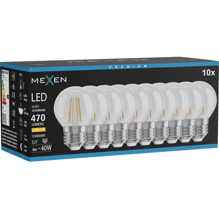 Mexen Vintis 10x kaitinamosios LED lemputės E27, G45, 4W, Šilta - 2700K, 470 lm, skaidri - L156-E27-0427-00x10