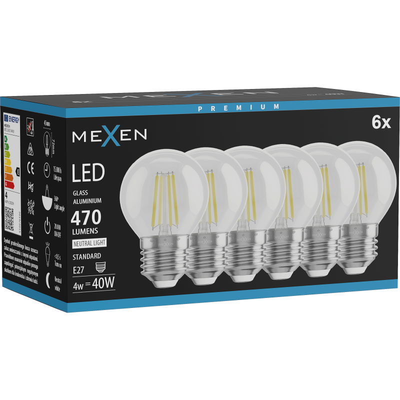 Mexen Vintis 6 kartus šviesos diodo lemputė E27, G45, 4W, Neutrali - 4000K, 470 lm, skaidri - L156-E27-0427-00x06