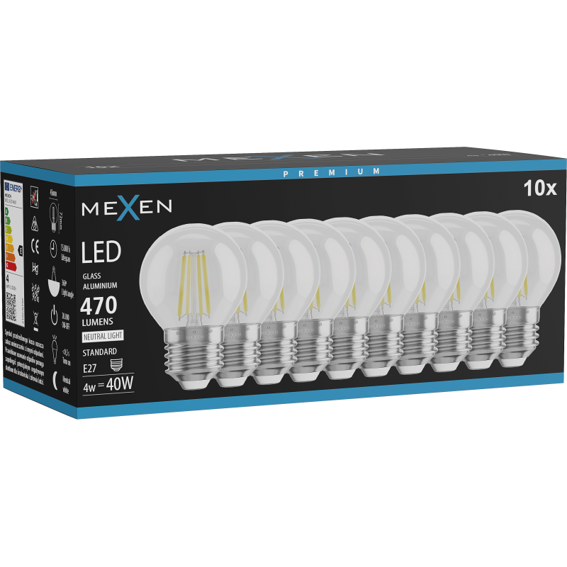 Mexen Vintis 10x LED siūlelio lemputė E27, G45, 4W, Neutrali - 4000K, 470 lm, skaidri - L156-E27-0427-00x10