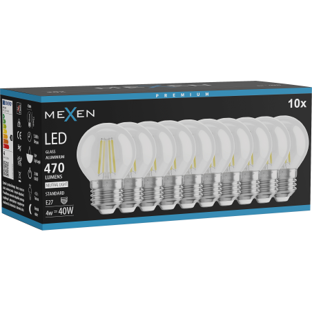 Mexen Vintis 10x LED siūlelio lemputė E27, G45, 4W, Neutrali - 4000K, 470 lm, skaidri - L156-E27-0427-00x10