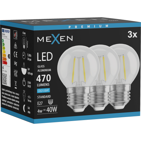 Mexen Vintis 3x LED filamento lemputė E27, G45, 4W, Šalta - 6500K, 470 lm, skaidri - L156-E27-0465-00x03