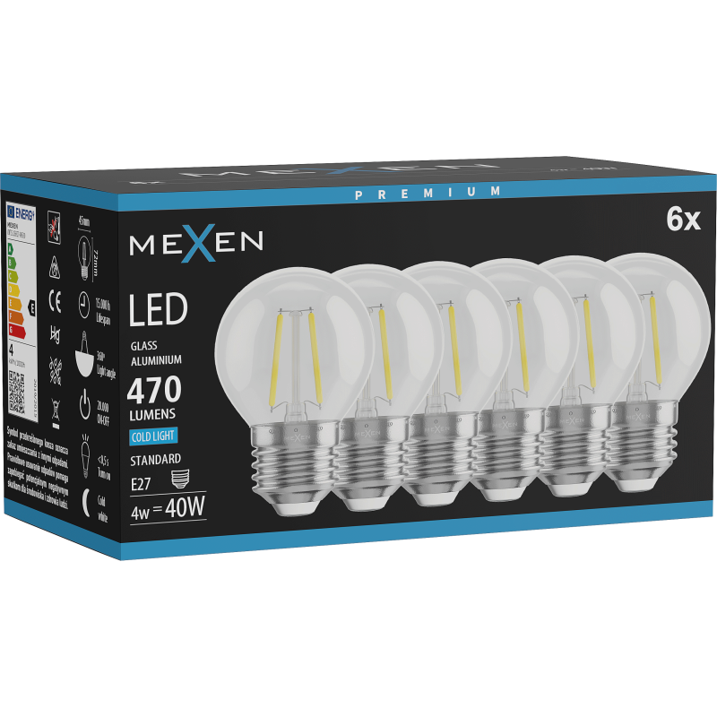 Mexen Vintis 6x LED filamentinė lemputė E27, G45, 4W, Šalta - 6500K, 470 lm, skaidri - L156-E27-0465-00x06
