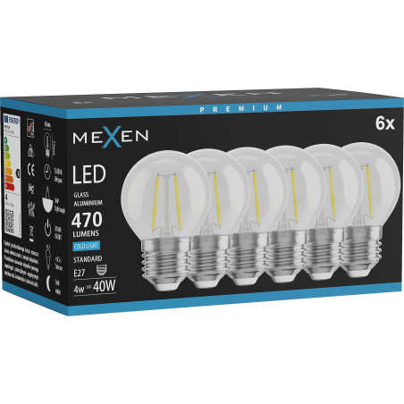Mexen Vintis 6x LED filamentinė lemputė E27, G45, 4W, Šalta - 6500K, 470 lm, skaidri - L156-E27-0465-00x06