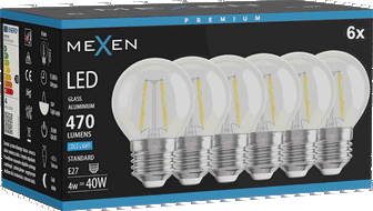Mexen Vintis 6x LED filamentinė lemputė E27, G45, 4W, Šalta - 6500K, 470 lm, skaidri - L156-E27-0465-00x06