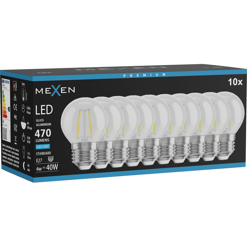 Mexen Vintis 10x LED kaitinamoji siūlelis lemputė E27, G45, 4W, Šalta - 6500K, 470 lm, skaidri - L156-E27-0465-00x10