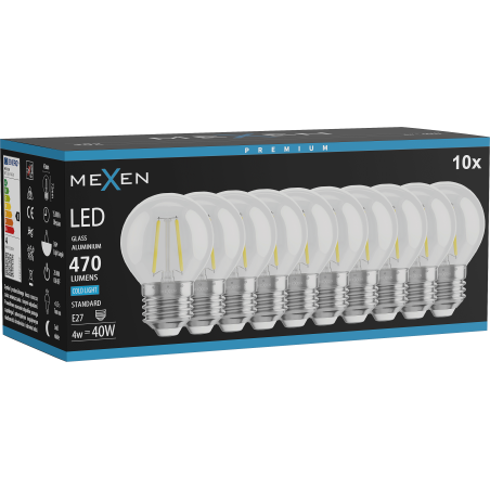 Mexen Vintis 10x LED kaitinamoji siūlelis lemputė E27, G45, 4W, Šalta - 6500K, 470 lm, skaidri - L156-E27-0465-00x10