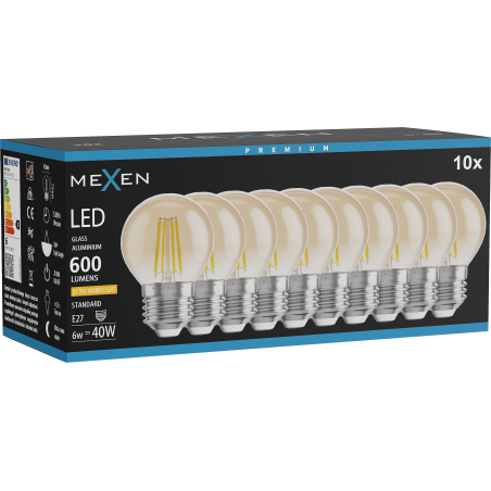 Mexen Vintis 10x LED gijų lemputė E27, G45, 6W, Šilta - 2200K, 600 lm, gintarinė - L156-E27-0622-50x10