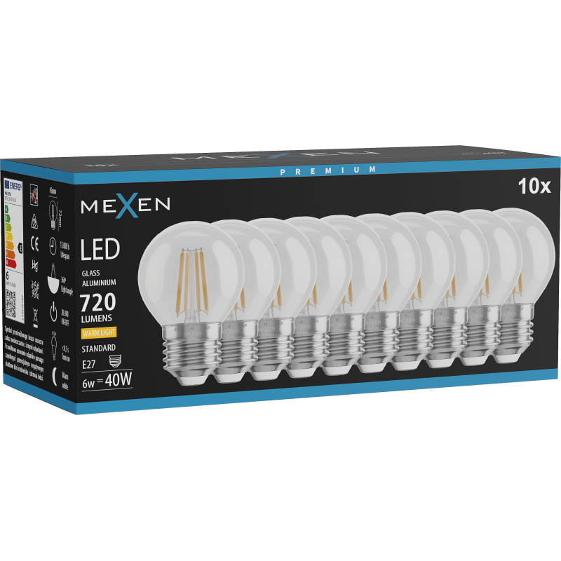 Mexen Vintis 10x LED gijų lemputė E27, G45, 6W, Šilta - 2700K, 720 lm, skaidri - L156-E27-0627-00x10