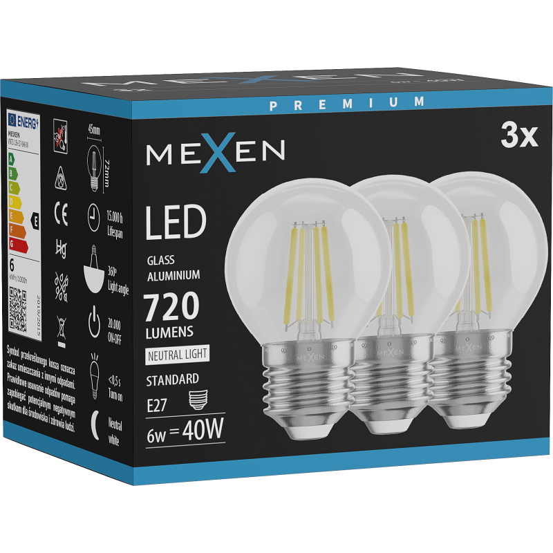 Mexen Vintis 3x LED kaitinamosios lemputės E27, G45, 6W, Neutralus - 4000K, 720 lm, skaidrus - L156-E27-0627-00x03