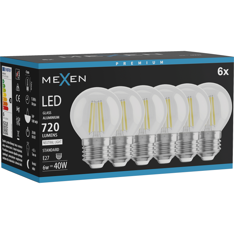 Mexen Vintis 6x Filamento LED lemputė E27, G45, 6W, Neutrali - 4000K, 720 lm, skaidri - L156-E27-0627-00x06