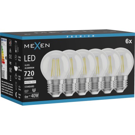Mexen Vintis 6x Filamento LED lemputė E27, G45, 6W, Neutrali - 4000K, 720 lm, skaidri - L156-E27-0627-00x06