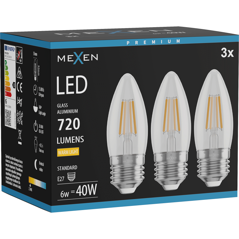 Mexen Vintis 3x LED kaitrinė lemputė E27, C35, 6W, Šiltas - 2700K, 720 lm, skaidri - L154-E27-0627-00x03