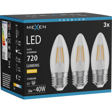 Mexen Vintis 3x LED kaitrinė lemputė E27, C35, 6W, Šiltas - 2700K, 720 lm, skaidri - L154-E27-0627-00x03