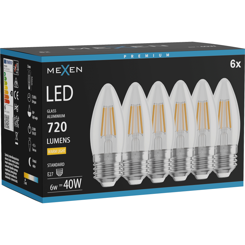 Mexen Vintis 6x LED siūlų lemputė E27, C35, 6W, Šilta - 2700K, 720 lm, permatoma - L154-E27-0627-00x06