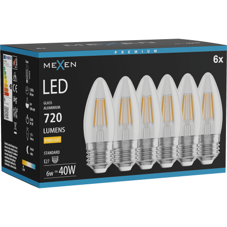 Mexen Vintis 6x LED siūlų lemputė E27, C35, 6W, Šilta - 2700K, 720 lm, permatoma - L154-E27-0627-00x06