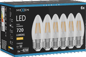 Mexen Vintis 6x LED siūlų lemputė E27, C35, 6W, Šilta - 2700K, 720 lm, permatoma - L154-E27-0627-00x06