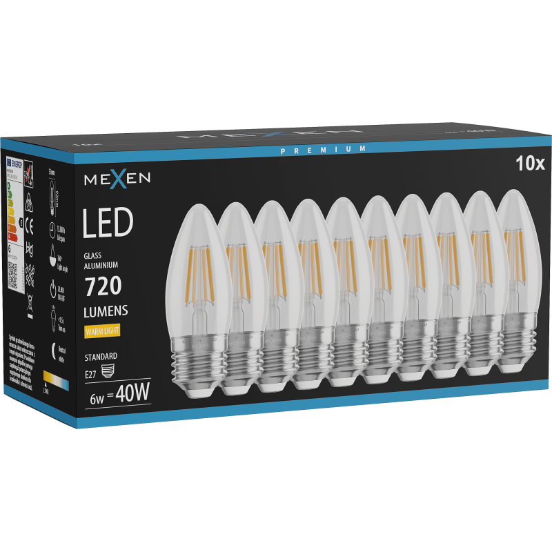 Mexen Vintis 10x LED gijų lemputė E27, C35, 6W, Šilta - 2700K, 720 lm, skaidri - L154-E27-0627-00x10