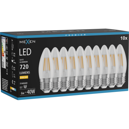 Mexen Vintis 10x LED gijų lemputė E27, C35, 6W, Šilta - 2700K, 720 lm, skaidri - L154-E27-0627-00x10