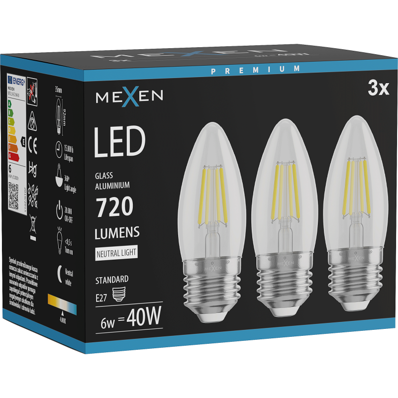 Mexen Vintis 3x LED kaitrinė lemputė E27, C35, 6W, Neutralus - 4000K, 720 lm, skaidri - L154-E27-0640-00x03
