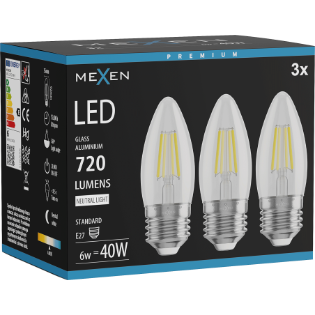 Mexen Vintis 3x LED kaitrinė lemputė E27, C35, 6W, Neutralus - 4000K, 720 lm, skaidri - L154-E27-0640-00x03