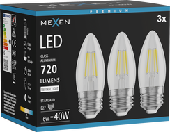 Mexen Vintis 3x LED kaitrinė lemputė E27, C35, 6W, Neutralus - 4000K, 720 lm, skaidri - L154-E27-0640-00x03