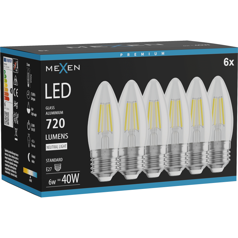Mexen Vintis 6x Filamento LED lemputė E27, C35, 6W, Neutrali - 4000K, 720 lm, skaidri - L154-E27-0640-00x06