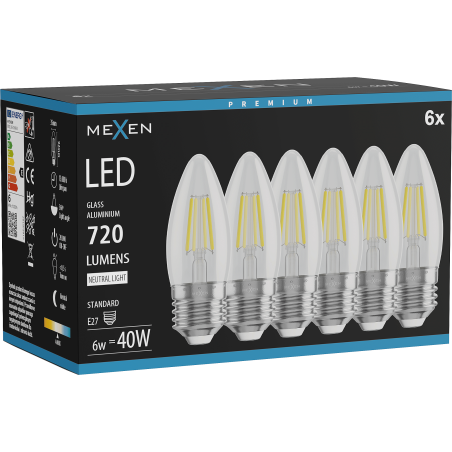 Mexen Vintis 6x Filamento LED lemputė E27, C35, 6W, Neutrali - 4000K, 720 lm, skaidri - L154-E27-0640-00x06
