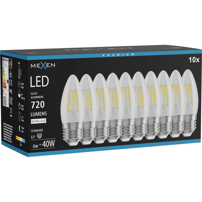 Mexen Vintis 10x LED kaitinamosios lemputės E27, C35, 6W, Neutrali - 4000K, 720 lm, skaidri - L154-E27-0640-00x10