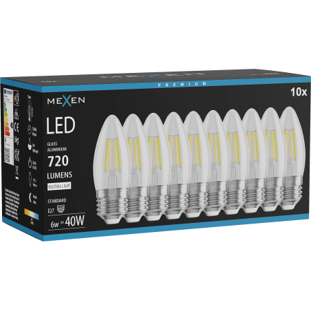 Mexen Vintis 10x LED kaitinamosios lemputės E27, C35, 6W, Neutrali - 4000K, 720 lm, skaidri - L154-E27-0640-00x10