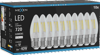 Mexen Vintis 10x LED kaitinamosios lemputės E27, C35, 6W, Neutrali - 4000K, 720 lm, skaidri - L154-E27-0640-00x10