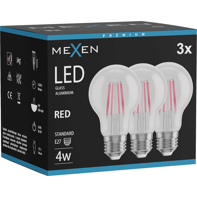 Mexen Vintis 3x LED gija E27 lemputė, A60, 4W, 55 lm, raudona - L150-E27-04XX-45x03