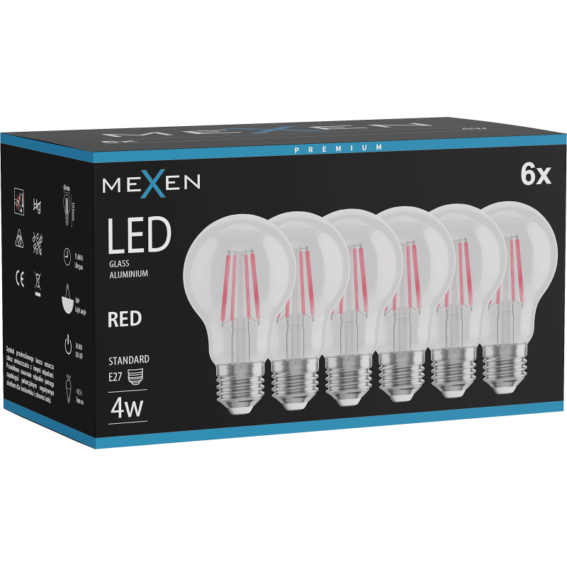 Mexen Vintis 6x LED gijų lemputė E27, A60, 4W, 55 lm, raudona - L150-E27-04XX-45x06
