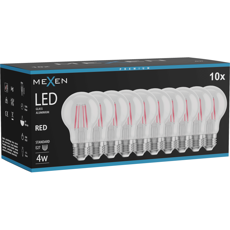Mexen Vintis 10x LED filamentinė lemputė E27, A60, 4W, 55 lm, raudona - L150-E27-04XX-45x10