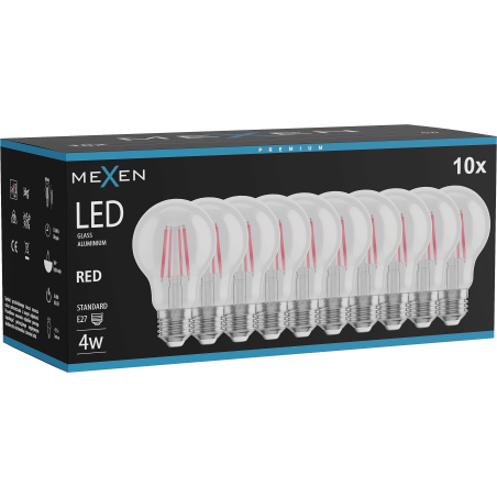 Mexen Vintis 10x LED filamentinė lemputė E27, A60, 4W, 55 lm, raudona - L150-E27-04XX-45x10