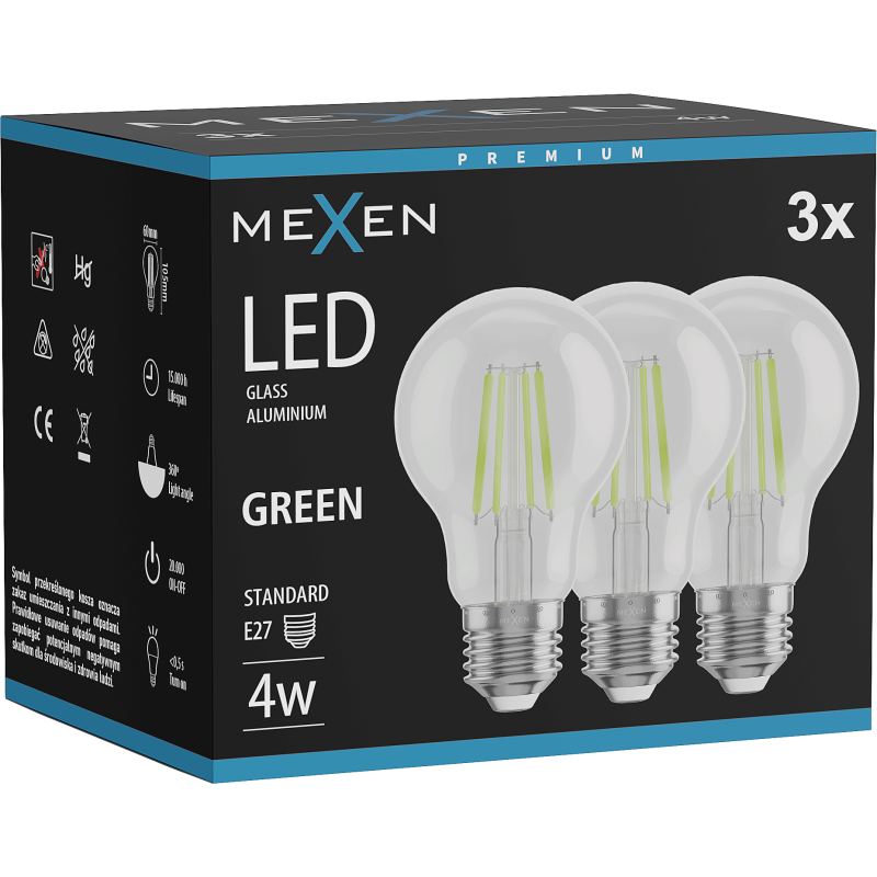 Mexen Vintis 3x LED filamento lemputė E27, A60, 4W, 55 lm, žalia - L150-E27-04XX-46x03