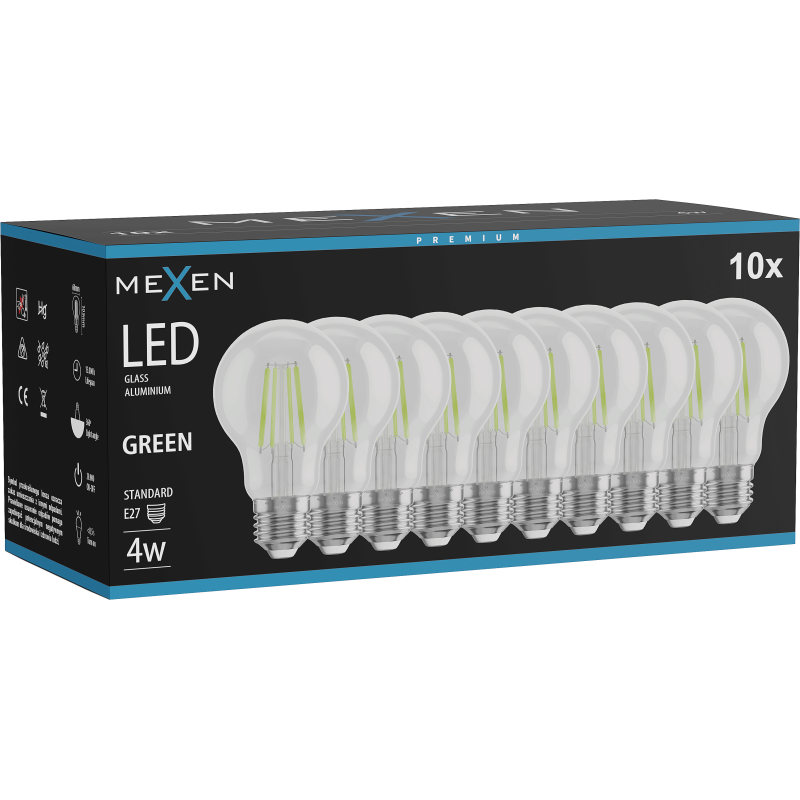 Mexen Vintis 10 kartų lemputė filament LED E27, A60, 4W, 55 lm, žalia - L150-E27-04XX-46x10