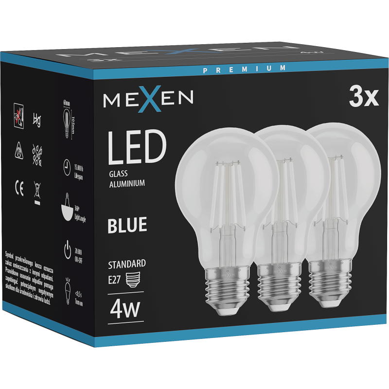Mexen Vintis 3x LED gijų lemputė E27, A60, 4W, 55 lm, mėlyna - L150-E27-04XX-47x03