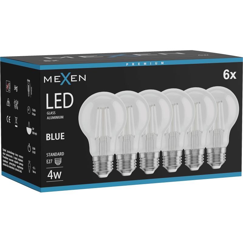 Mexen Vintis 6x lemputė su LED filamentu E27, A60, 4W, 55 lm, mėlyna - L150-E27-04XX-47x06
